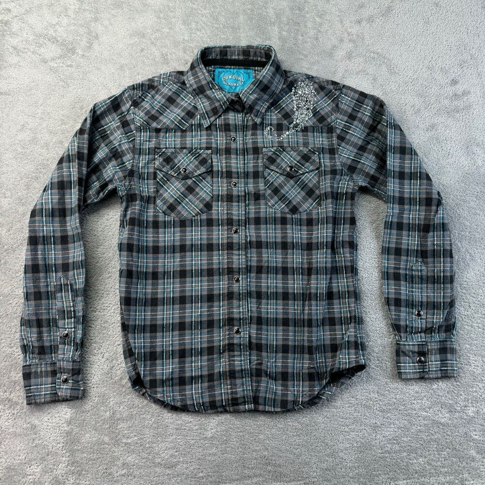 Cowgirl Hardware Shirt Girls Medium Blue Gray Long Sleeve Pearl Snap Western Top